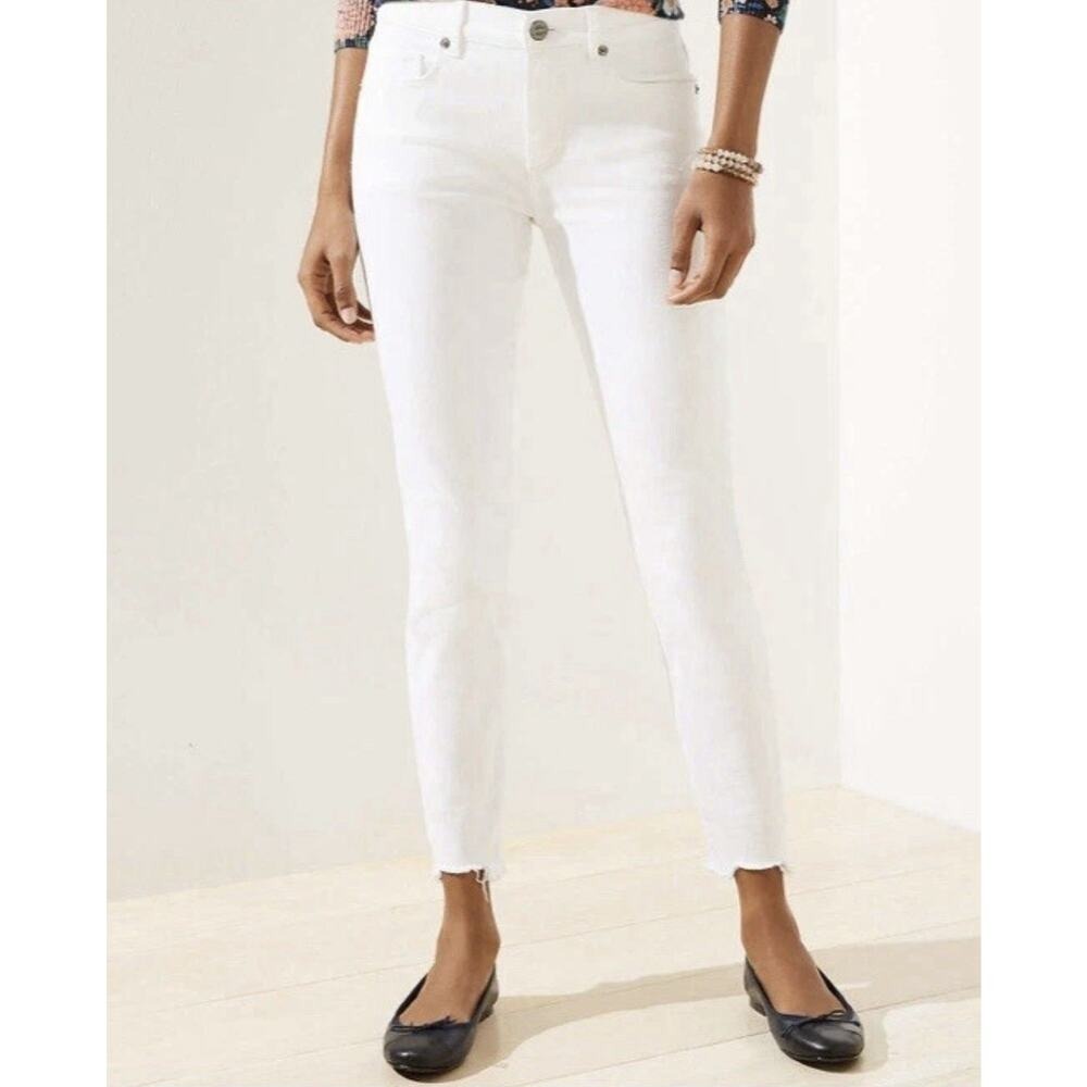 LOFT Sz 30 10 Skinny Crop Jeans Chewed Hem Slim Pockets In White Stretch Preppy